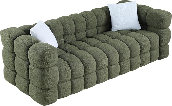 Comfy Marshmallow Loveseat Sofa3 Seater Boucle Cloud Couch with 2 Pillows Upholstered Love Seat with Throw Pillows Modern Living Sofa or Office Waiting Room (Olive Green Boucle)