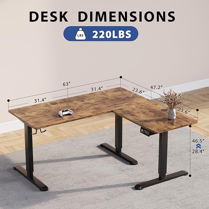Shahoo L-Shaped Electric Standing Desk 63 x 48 Inches Height Adjustable Coner Table Home Office Computer Workstation Rustic Brown 63 x 48 Inch