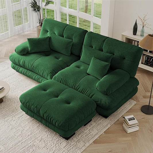 94.4 Convertible Modular Sectional Sofa Modern L-Shaped Couch with Ottoman Comfy 2 Seater Cloud Loveseat Sofa with Deep Seat Upholstered Chenille Couches for Small Space Living Room Green
