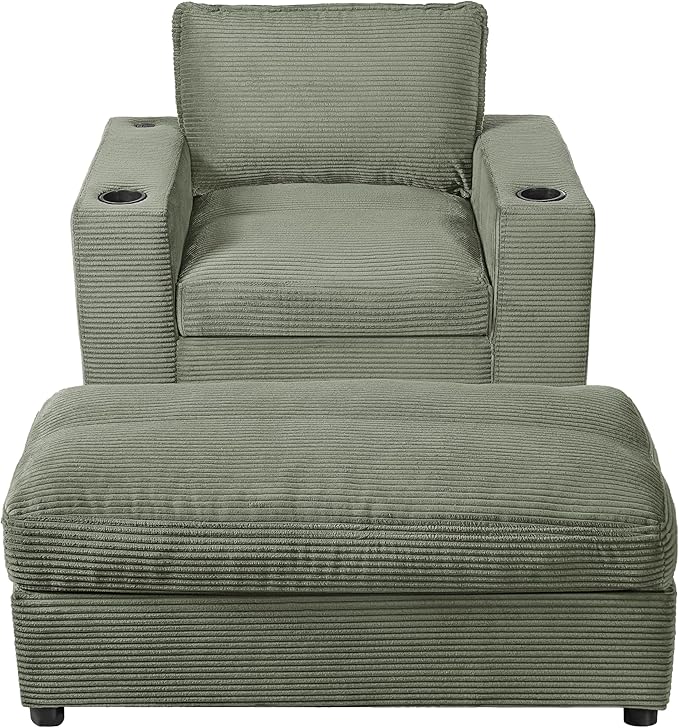 42.8 Oversized Chaise Lounge Chair with Storage Ottoman Corduroy Sofa Bed with Cup Holders &amp USB Charging Port Upholstered Sleeper Chair for Living Room Bedroom Green