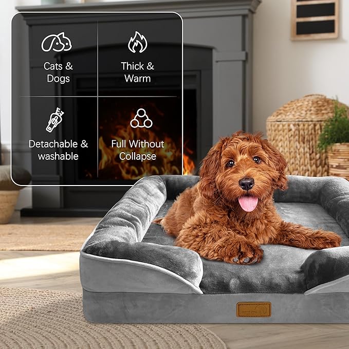 Orthopedic Dog Bed with Sides - Dog Sofa Beds for Small Dogs Supportive Foam Pet Couch Bed with Washable Removable Cover Waterproof Lining and Non-Slip Bottom Grey - S