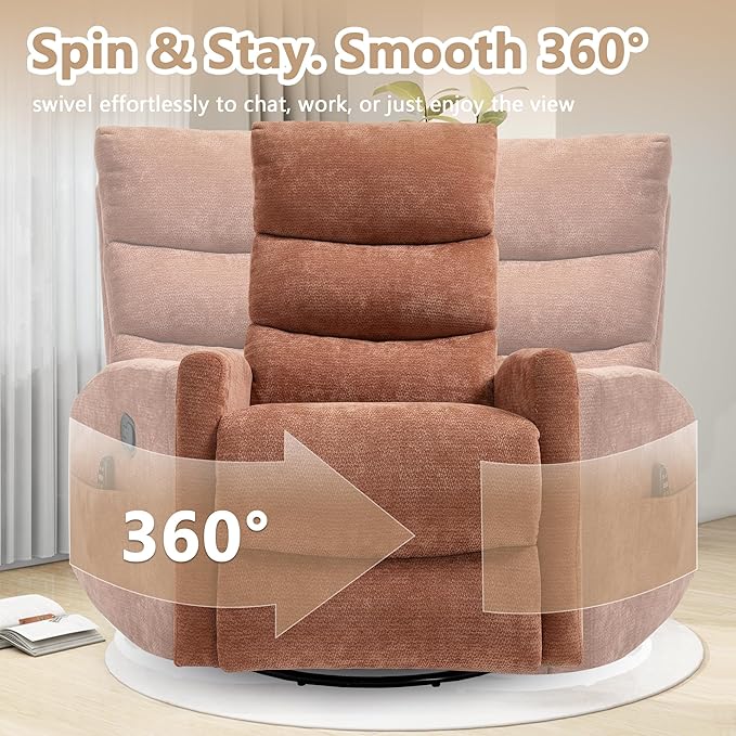 cinkehome Small Swivel Rocker Recliner Chair with Heated Massage Upholstered Nursery Glider Recliner Chair High Back Side Pocket (Orange Chenille Fabric)