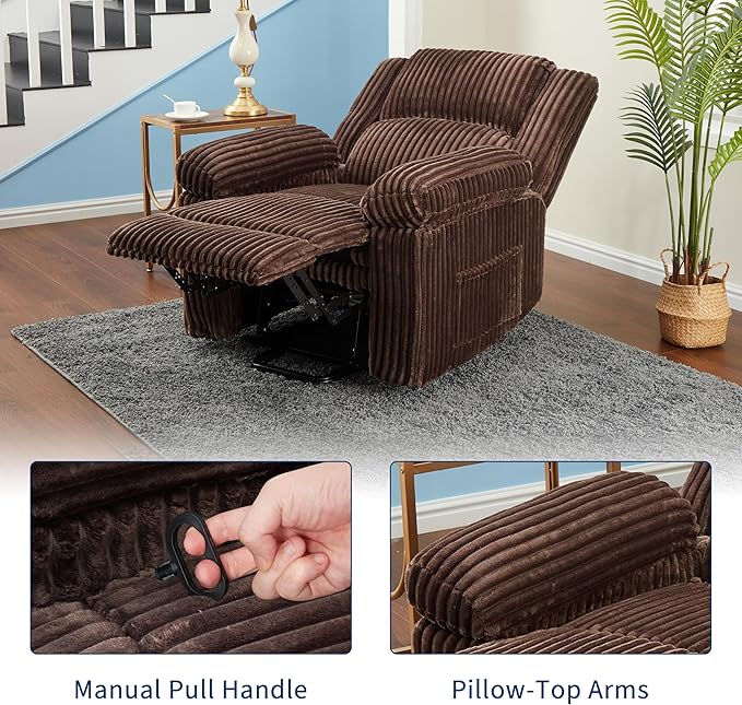 Garvee Corduroy Recliner Chair Manual Recliner Sofa with Handle Pillow Top Arms Thick Padding Side Pocket 330Lbs Capacity Adjustable Recliner for Living Room Bedroom Home Theater Brown