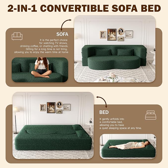 Convertible Sofa Bed Full Size｜78 Sleeper Couch with 2 Pillows｜Boucle Fabric Folding Sofa Bed｜High-Density Foam｜No Assembly｜Space-Saving｜for Living Room Guest Room｜Green