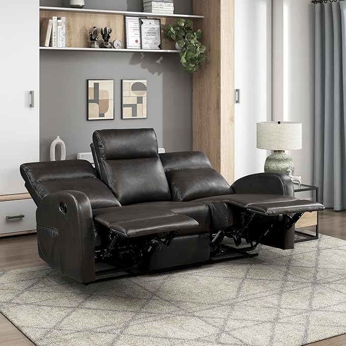 Lexicon Manual Reclining Sofa Faux Leather Recliner Sofa Wall Hugger Track Arms Magazine Pockets Manual Dual Recliners Couch for Living Room/Office/Apartment Easy Assembly Espresso