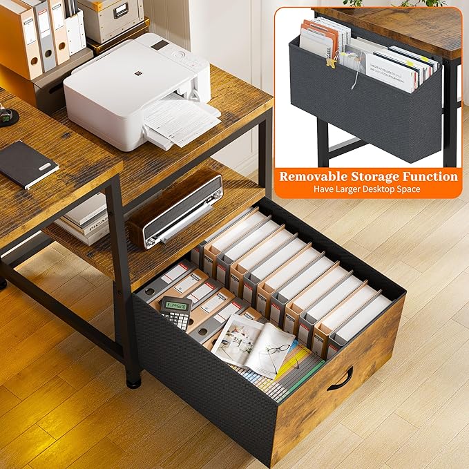 EnHomee 57 Office Desk with Drawers and Printer SpaceComputer Desk with Power OutletsHome Office Desks with File Drawers CabinetStudy and Gaming Desk with Shelves Monitor StandRustic Brown