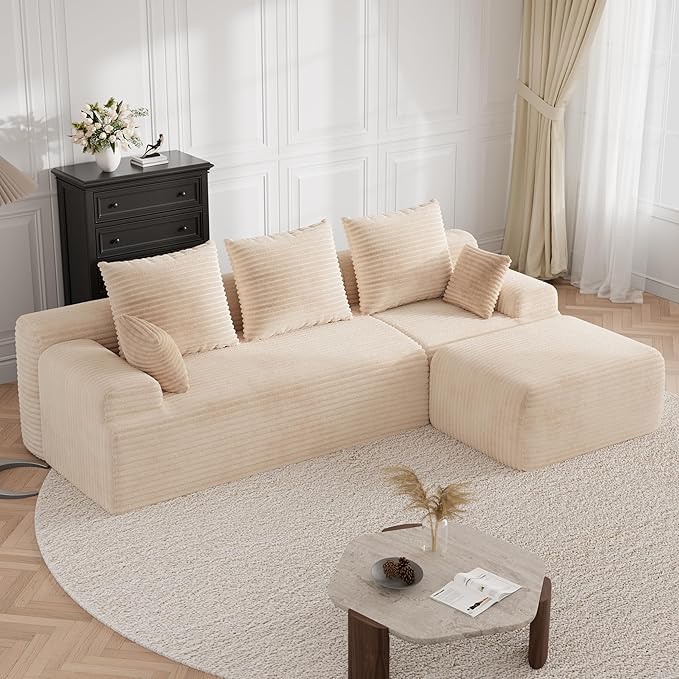 Boneless Couch Cloud Couch Sectional 106 L-Shape Modular Sectional Sofa with Ottoman Corduroy Sofa for Living Room Bedroom No Assembly Required Beige