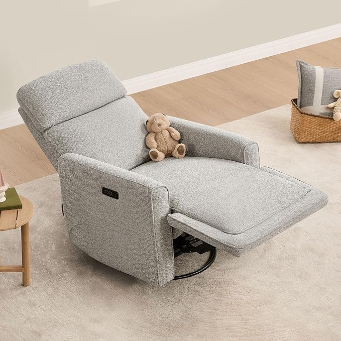 CHITA Power Recliner Chair Swivel Glider with Adjustable Power Headrest FSC Certified Electronic Modern Nursery Rocking Chair with USB and Type-C Ports Light Grey