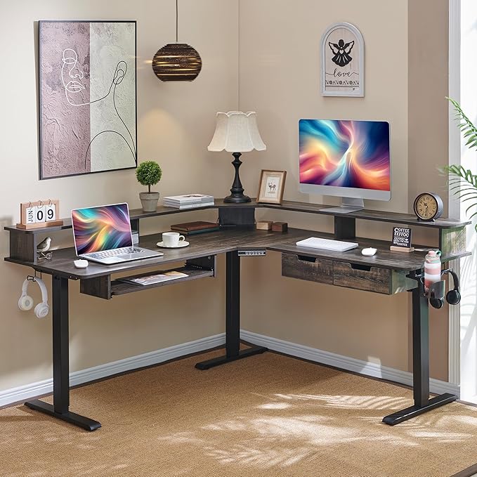 RedLemon Electric L Shaped Standing Desk 60 Motor Height Adjustable Sit Stand Corner Desk with Led Large Home Office Desk Computer Workstation Dark Rustic Oak