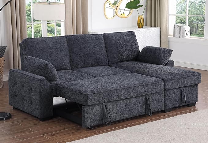 ERYE L-Shaped Pull Out Sleeper Sofa Bed Modern Chenille Upholstered Button Tufted Corner Reversible Sleeper Sectional Sofa Couch with Storage Chaise Drop-Down Table Cup Holders and Charging Ports
