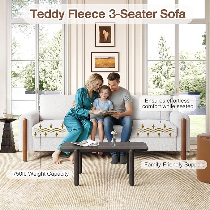 Merax 83.86 3-Seater Sofa Curved Armrest with Integrated Solid Wood Legs Teddy Velvet Fabric High Weight Capacity (250 lbs/seat) Durable Solid Wood Frame Cream White