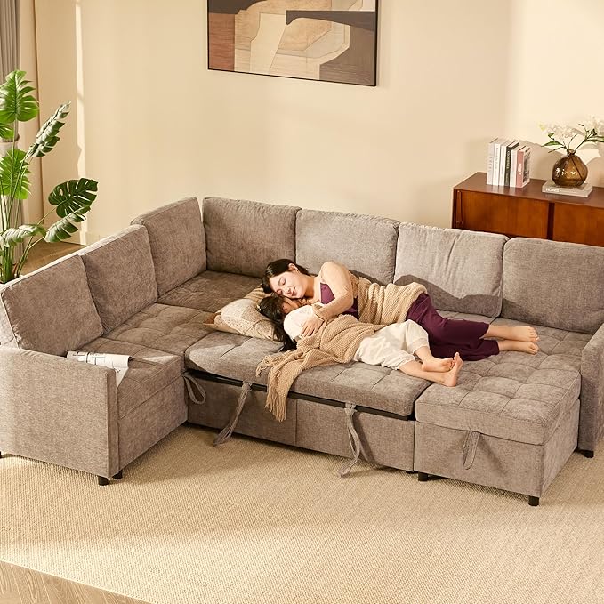 107 Modular Sectional Sleeper Sofa Set of Modular Pieces with Pull Out Bed U Shaped Sectional Couch with Storage Extra Wide&ampDeep Seat Couches for Living Room Removable Sofa Cover Chenille-Sl