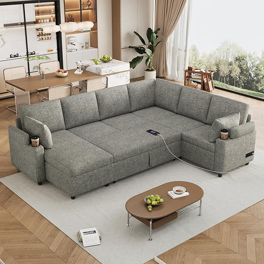 Sleeper Sofa with Pull Out Bed Oversized U Shaped 7 Seat Modular Sectional Couches for Living Room Sofa Bed with Storage Chaise Lounge USB Ports Cup Holders Chenille Cloud CouchLight Grey