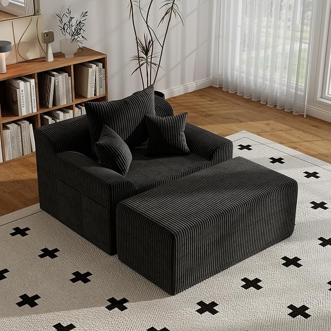 60'' Chaise Lounge Chair Indoor Oversized Upholstered Sofa Bed Sleeper Couch Reading Chairs Plush Corduroy Fabric Sofas Couches for Living Room (Black)
