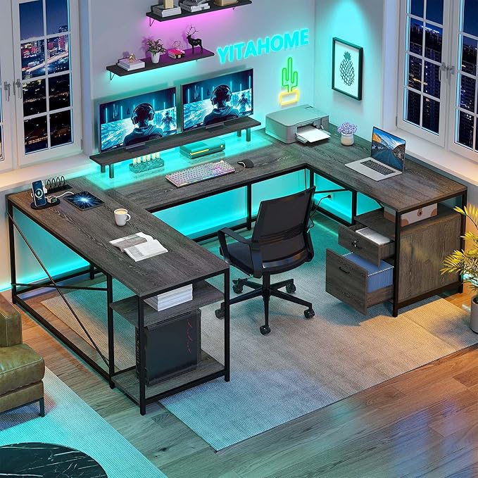 YITAHOME U Shaped Desk with Power Outlets &amp LED Lights 79 Reversible L Shaped Desk with Drawers Corner Computer Desk Office Desk with Monitor Stand &amp Storage Shelves Grey