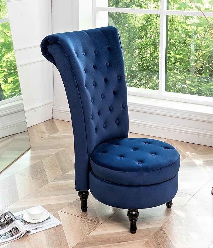 Royal High-Back Velvet Accent Chair for Vanity with Storage and Luxurious Upholstery Retro Design and Versatile Usage for Living Room Bedroom Lounge and Office Dark Blue