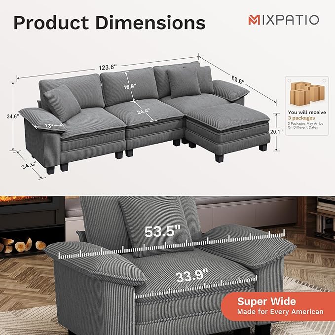 123-Inch L Shaped Sectional Sofa with Cloud Cushions Deep Seat Modular Couch Set w/ 4 Seats &amp 1 Ottomans Removable Arms Plush Corduroy Upholstery for Living Room Apartment - Gray