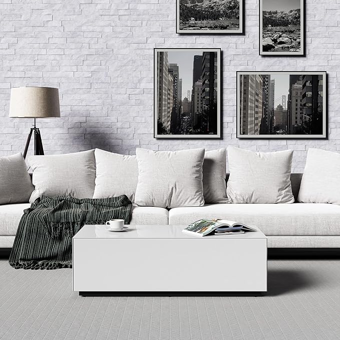 SONOROUS Premium Tempered Glass Coffee Table - Modern White Rectangular Coffee Tables for Living Room - High Gloss Fingerprint Resistant Mid Century Design - Stylish Living Room Furniture &amp Décor