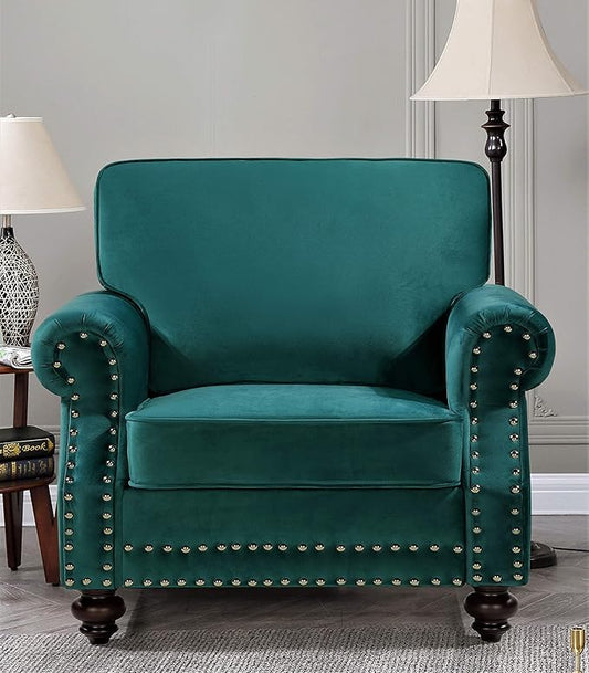 Lotus Mid Century Modern Velvet Upholstered Living Room Rolled Arms Chair Pine Green