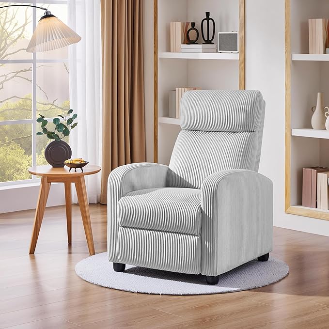 Yaheetech Corduroy Recliner Chair Single Sofa Home Theater Seating Adjustable Modern Reclining Chair for Living Room Bedroom Home Theater Light Gray