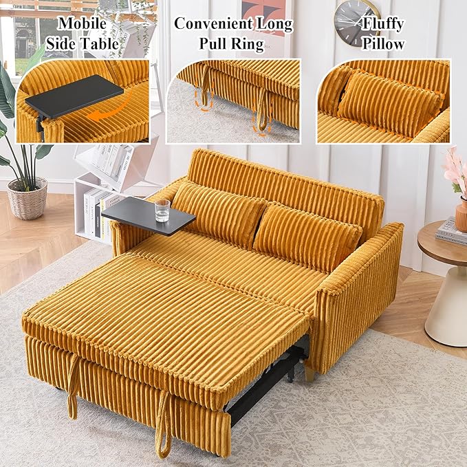 3 in 1 Pull Out CouchCorduroy Upholstered Convertible Sleeper Sofa Bed with Movable Side Table Modern Multifunctional Sofa with USB Port Cushioned Couch for Living Room (Yellow)