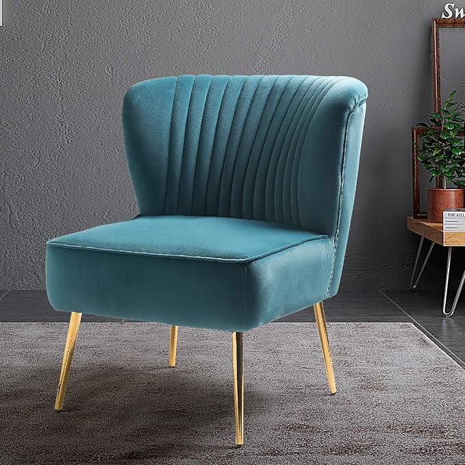 Tina's Home Velvet Armless Accent Chair Upholstered Modern Small Side Chair with Golden Legs Comfy Cute Wingback Slipper Chair for Living Room Study Beauty Room Thickly Padded(Blue)