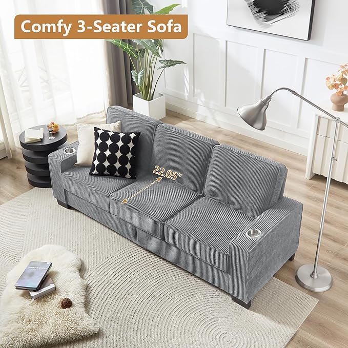 Aoowow 83.86” Modern 3-Seater Sofa Couch Upholstered Corduroy Fabric Couches Comfy Sofas with 2 Cup Holders for Living Room Apartment OfficeGrey-Corduroy