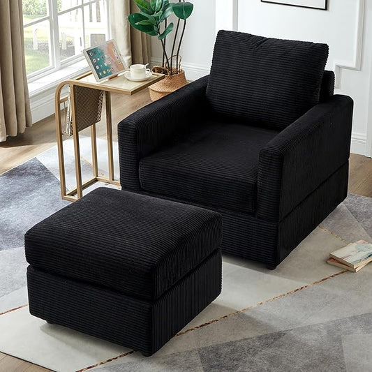 Aoiy &amp Wifon Accent Chair with Ottoman Upholstered Reading Chair with Ottoman Comfy Armchair with Wooden Legs Corduroy Black
