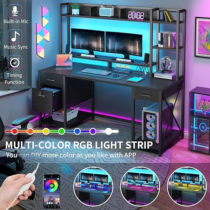 YITAHOME Computer Desk with Drawers &amp Hutch 59.1 Office Desk with LED Lights &amp Power Outlets Gaming Desk with Monitor Stand &amp Storage Shelves Black
