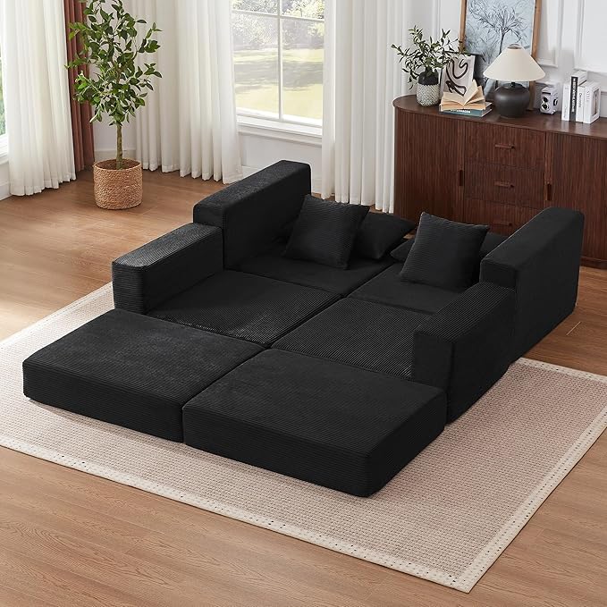 Modular Loveseat L Shaped SofaBoneless Cloud Couch with Ottoman (Black) | Freely Combination No Assemble Required Modular Design Breathable Fabric Convertible to Bed Futon Bed