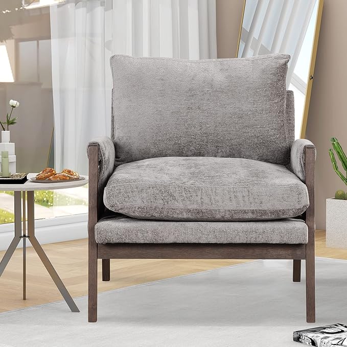 Modern Velvet Accent ChairMid-Century Leisure Chair with Solid Wood and Thick Seat Cushion Living Room Chair for Bedroom Studio Balcony or Club (Grey/Velvet)