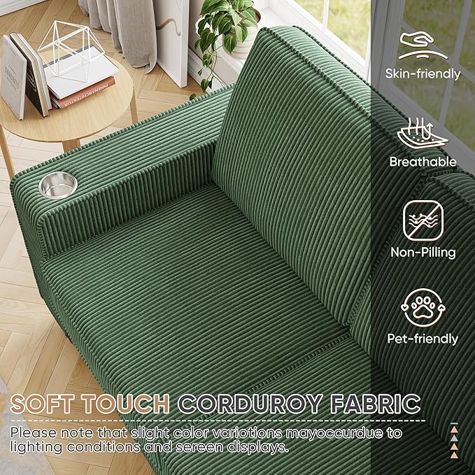 83.86 Corduroy 3-Seater Sofa with Extra Deep Seat Modern Cloud Couch with 2 Cup Holders Comfy Upholstered Sofa for Living Room Apartment &amp Office Green