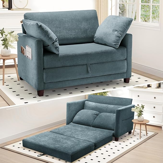 51 Convertible Loveseat Sofa Bed 2-in-1 Folding Sofa Bed with 2 Pillow for Small Spaces Modern Loveseat Sleeper Couch for Apartment Living Room &amp Guest Room (Light Blue)