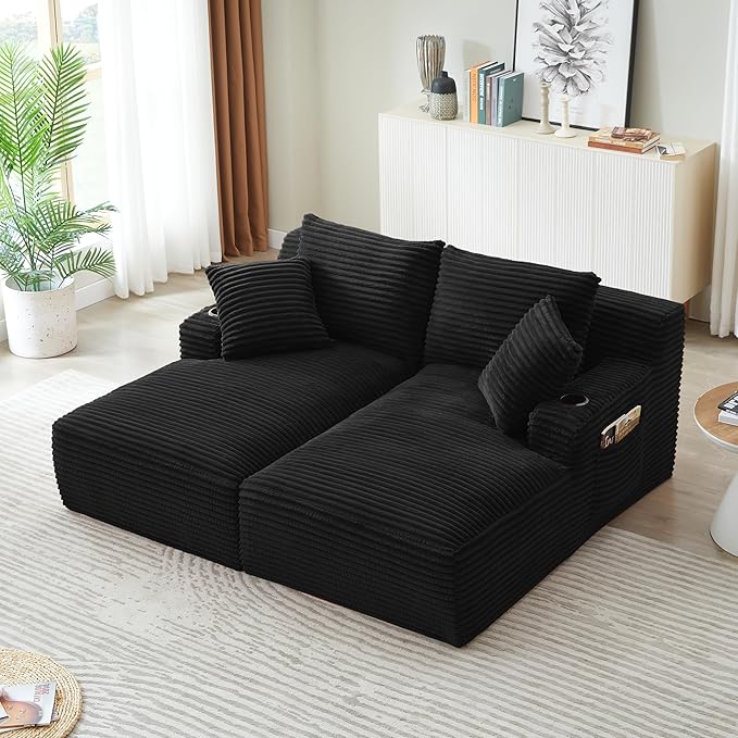 KEIKI Compressible Double Chaise Lounge with Cupholders Fluffy Corduroy Sleeper Loveseat for Living Room Relaxation Boneless Chaise Lounge Indoor with Spring Padding No Assembly Required