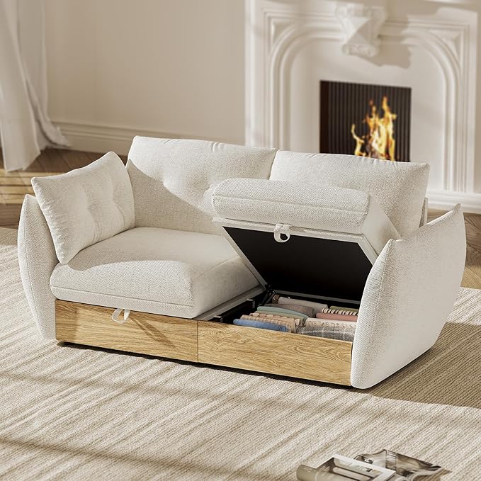 70 Loveseat Sofa with Storage Cotton and Linen Fabrics Modern Oversized Modular Sectional Cloud Couch with Armrest Pillow Easy Assembly for Small Spaces Ivory