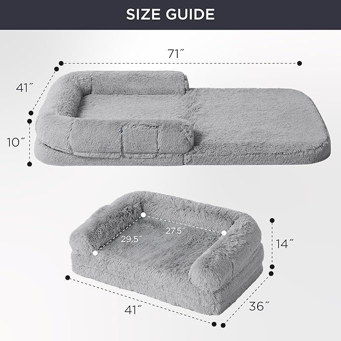 Bedsure Foldable Human Dog Bed -Giant Dog Bed for Adult People with Supportive Bolster Egg Foam Waterproof Liner Calming Fluffy Faux Fur Orthopedic Big Bean Bed Light Grey