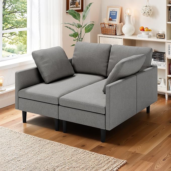 Gizoon Convertible Sectional Sofa Convertible to L-Shaped Sofa Linear and Sofa Bed with Comfortable and Soft Fabric Four Pillows for Living Room Apartment and Office Light Gray