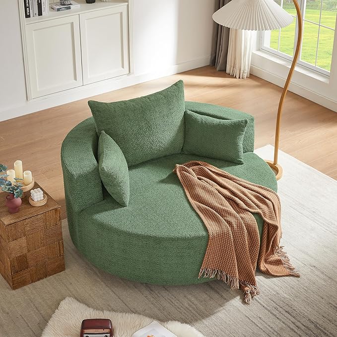 360° Swivel Barrel Chair Oversized Upholstered Swivel Chairs for Living RoomModern Chenille Fabric Club Chair55 Large Round Accent Chair with 3 Pillows for BedroomOffice (Green 55-Inch)