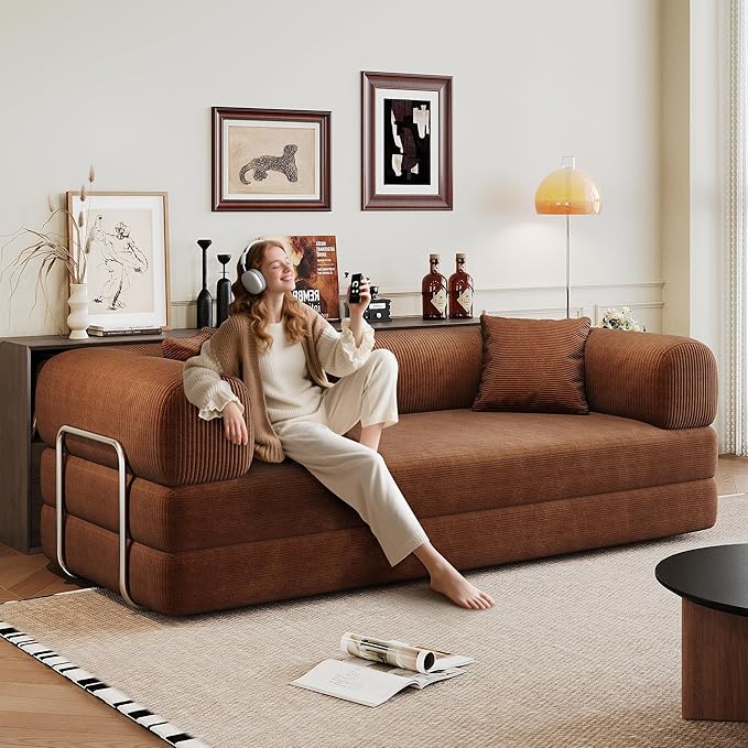 KEIKI 78.8 inch Compression Sofa Convertible Floor Sofa Bed Comfy Futon Couch Sleeper Bed Corduroy Folding Loveseats for Living Room Brown