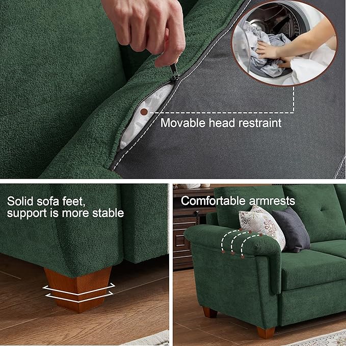 109 Convertible Sectional Sofa Modern Microfibe L Shaped Couch with Storage Chaise and Cup Holder 4 Seat Sofa Couches with Extra Headrests for Living Room Apartment Green