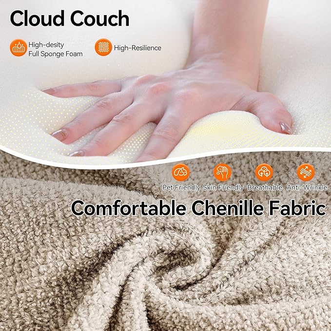 105.5 Cloud Boneless Sectional Sofa with Ottoman &amp 4 Pillows L-Shaped 4-Seater Modular Couch for Living Room Ultra Deep Seat Chenille Fabric Sofa No Assembly Required Beige