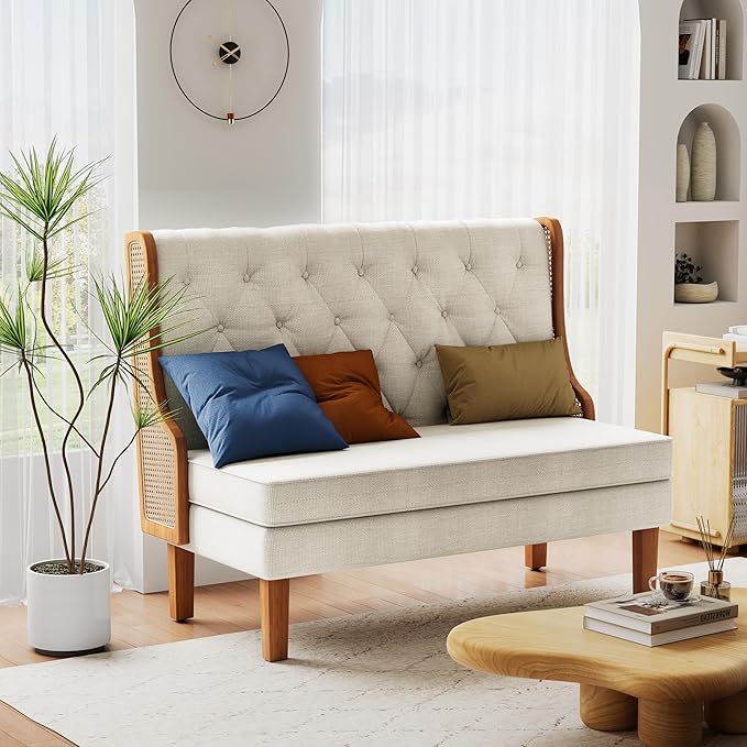 Andeworld Loveseat Settee Bench with Natural Rattan ArmsUpholstered Modern High-Back Mini Sofa CouchBanquette Dining Bench Love Seat for Living Dining Room Bedroom Office Small Space EntrywayBeige