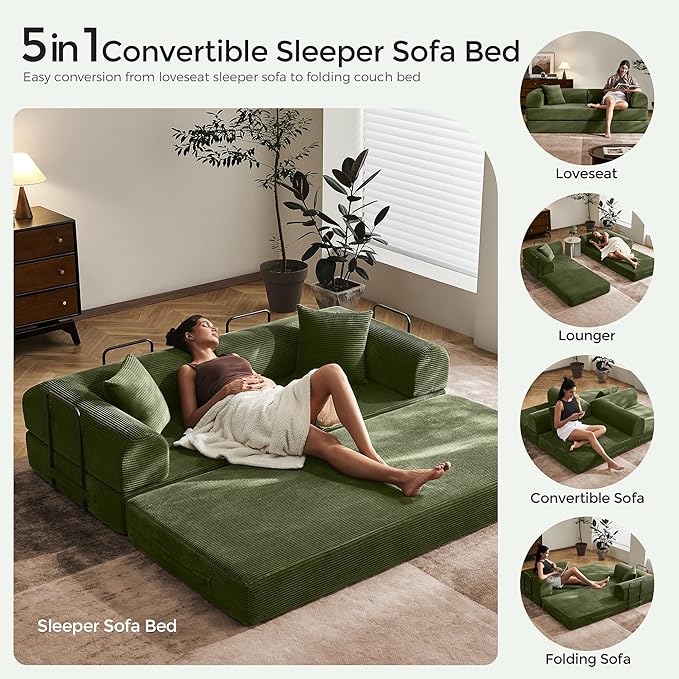 79 Convertible Sofa Bed with Fixed-Shape Frame &amp Removable Armrests Modular Corduroy Sleeper Sofa Folding Mattress Couch for Small Spaces - No Assembly Needed in Green (Includes 2 Pillows)