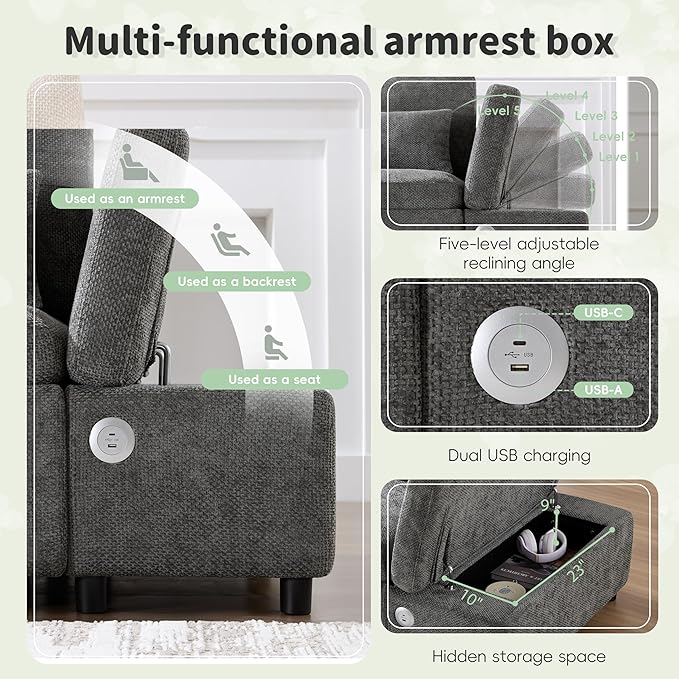 Modular Sectional Sleeper Sofa Bed 107'' Pull Out Bed Sectional Sofa with Free Movement Storage Ottoman L-Shape with Wide Seats Oversized Chenille Sofa for Living Room (Grey/512)