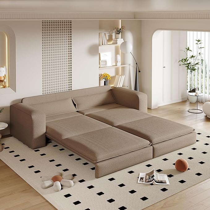 KEIKI 93 King Size Sleeper Sofa Bed 3 in 1 Convertible Sleeper Sofa Pull Out Sofa Bed 3 Seat Teddy Couch with 2 Lumbar Pillows for Living Room Apartment Office Studies Camel