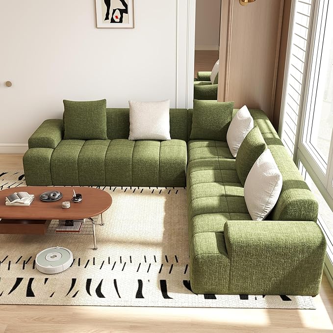 Cloud Modular Sectional Sofa Couch 108 V Shaped Chenille Fabric Memory Foam Sofa 5-Seater Couches with 6 Pillows for Living RoomApartmentGreen
