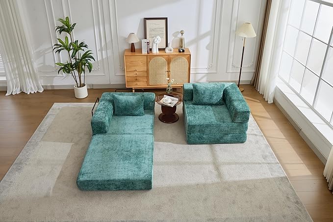 Convertible Floor Sofa Bed 3-Seat Modular Sectional Chenille Fabric No Assembly Required 118 inches Beige (2 Dark Green)