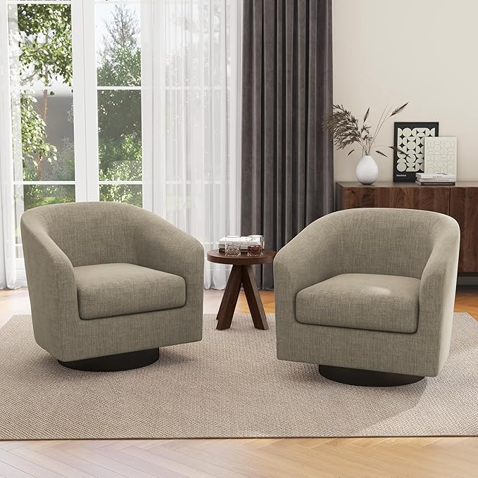 Swivel Barrel Chair Modern Round Swivel Accent Chair in Linen for Living Room Comfy Club Chair Upholstered Armchair for Bedroom Small Space-Light Brown