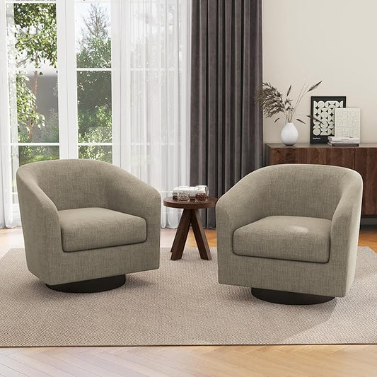 Swivel Barrel Chair Modern Round Swivel Accent Chair in Linen for Living Room Comfy Club Chair Upholstered Armchair for Bedroom Small Space-Light Brown