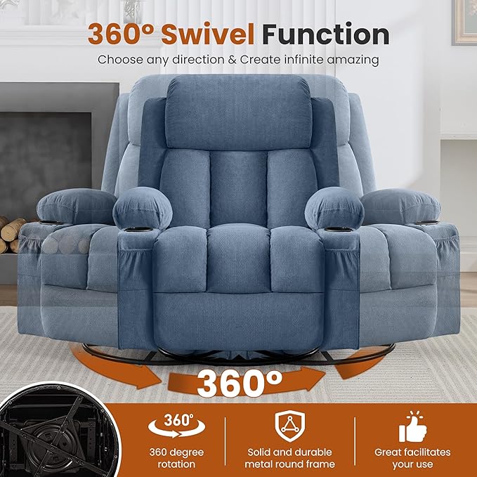 Swivel Rocker Recliner Chair with Vibration Massage and Heat for Living Roomwith Rocking Function and Side Pocket USB Charge Port2 Cup Holders